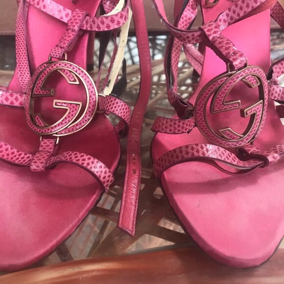 Gucci Shoes - Gucci STILETTO SANDALS  6.5 B SERIAL NUMBER ITALY PINK LOGOS FLAWS